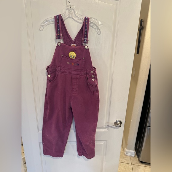 Looney Tunes vintage 90s Tweety Bird Purple Denim Bib Overalls girl’s size 12 - Picture 1 of 7